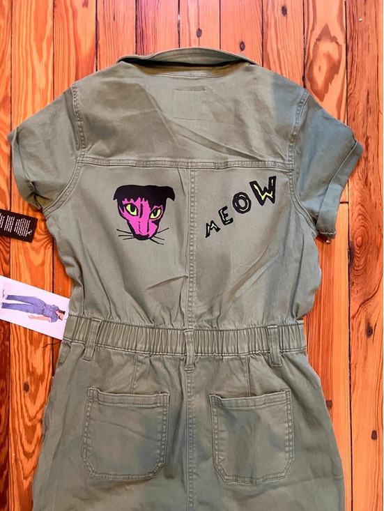 Pants - Marchioness of Bohemia OOAK Cat Art Cargo Boilersuit Womens S Olive Jumpsuit NWT